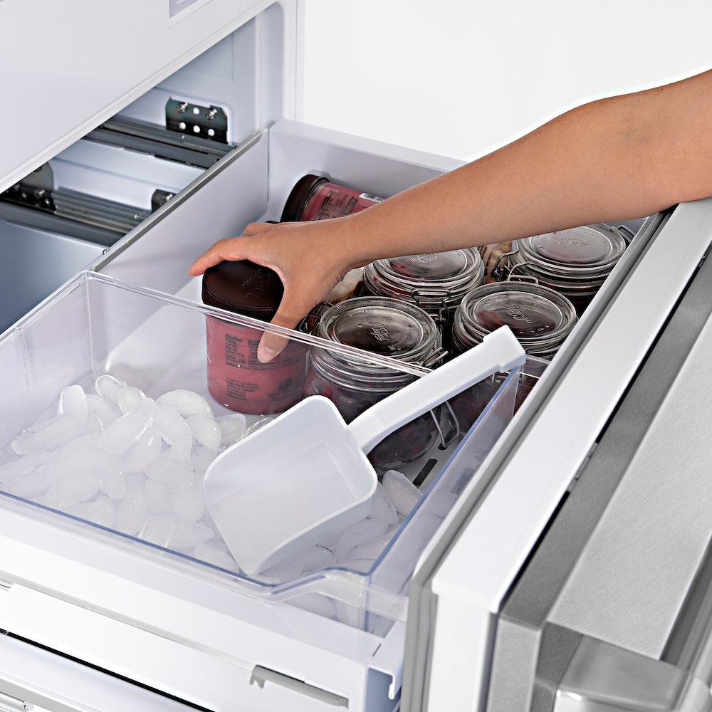 Autograph Edition 30 In. 16.1 Cu. Ft. Built-in Bottom Freezer Refrigerator With Water Dispenser And Ice Maker In Satin Stainless Steel With Polished Gold Accents RBIVZSN30G