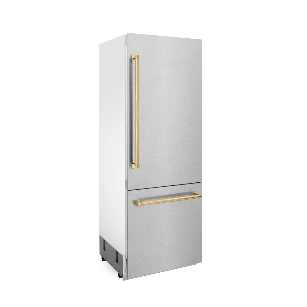Autograph Edition 30 In. 16.1 Cu. Ft. Built-in Bottom Freezer Refrigerator With Water Dispenser And Ice Maker In Satin Stainless Steel With Polished Gold Accents RBIVZSN30G