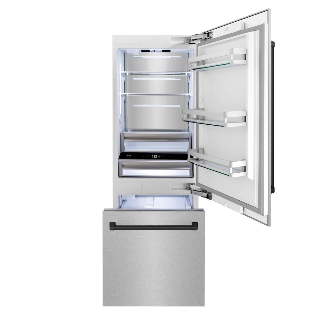 Autograph Edition 30 In. 16.1 Cu. Ft. Built-in Bottom Freezer Refrigerator With Water Dispenser And Ice Maker In Satin Stainless Steel With Matte Black Accents RBIVZSN30MB