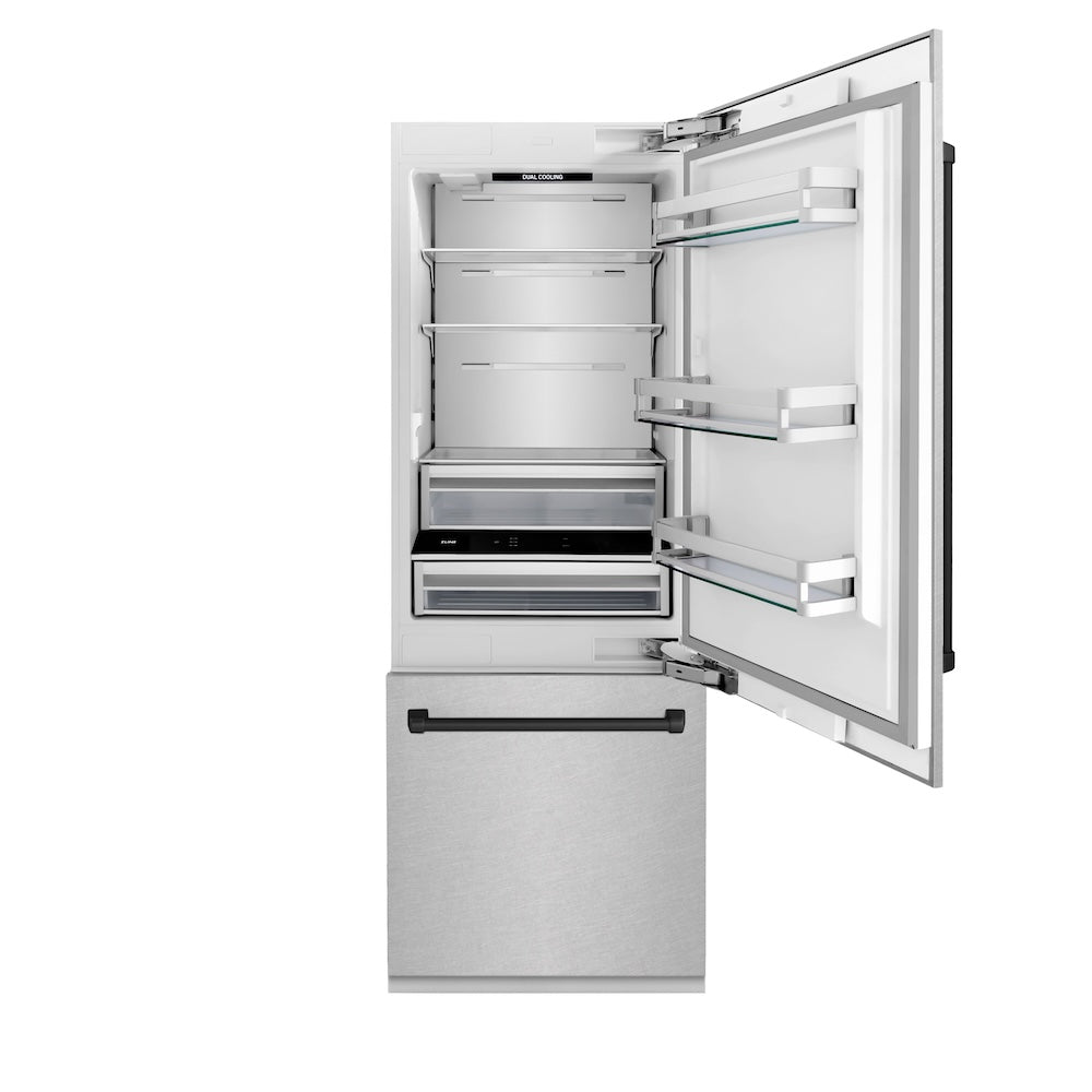 Autograph Edition 30 In. 16.1 Cu. Ft. Built-in Bottom Freezer Refrigerator With Water Dispenser And Ice Maker In Satin Stainless Steel With Matte Black Accents RBIVZSN30MB