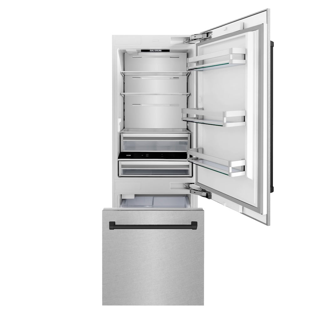 Autograph Edition 30 In. 16.1 Cu. Ft. Built-in Bottom Freezer Refrigerator With Water Dispenser And Ice Maker In Satin Stainless Steel With Matte Black Accents RBIVZSN30MB