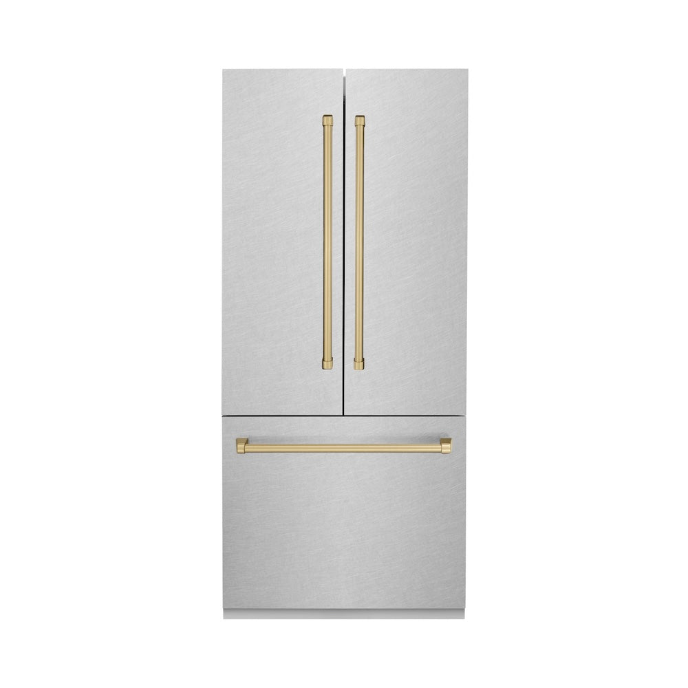Autograph Edition 36 In. 19.6 Cu. Ft. French Door Built-in Bottom Freezer Refrigerator With Water Dispenser And Ice Maker In Satin Stainless Steel With Champagne Bronze Accents RBIVZSN36CB