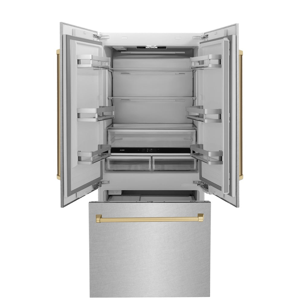 Autograph Edition 36 In. 19.6 Cu. Ft. French Door Built-in Bottom Freezer Refrigerator With Water Dispenser And Ice Maker In Satin Stainless Steel With Champagne Bronze Accents RBIVZSN36CB