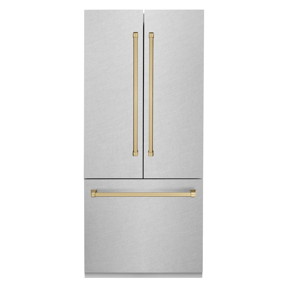 Autograph Edition 36 In. 19.6 Cu. Ft. French Door Built-in Bottom Freezer Refrigerator With Water Dispenser And Ice Maker In Satin Stainless Steel With Champagne Bronze Accents RBIVZSN36CB
