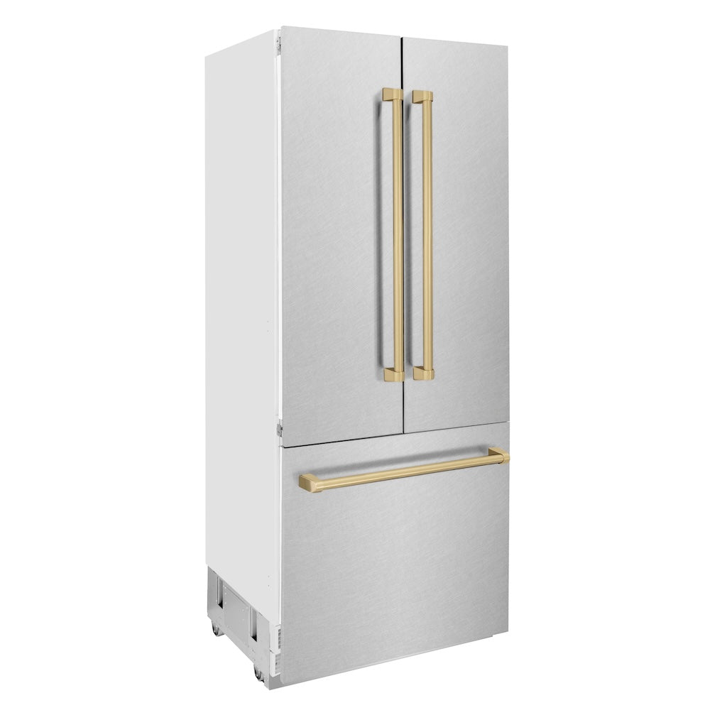 Autograph Edition 36 In. 19.6 Cu. Ft. French Door Built-in Bottom Freezer Refrigerator With Water Dispenser And Ice Maker In Satin Stainless Steel With Champagne Bronze Accents RBIVZSN36CB