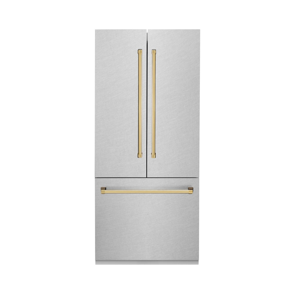 Autograph Edition 36 In. 19.6 Cu. Ft. French Door Built-in Bottom Freezer Refrigerator With Water Dispenser And Ice Maker In Satin Stainless Steel With Polished Gold Accents RBIVZSN36G