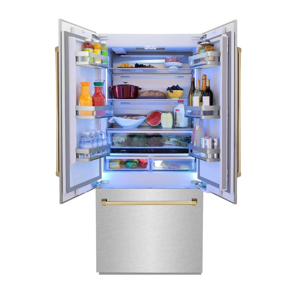 Autograph Edition 36 In. 19.6 Cu. Ft. French Door Built-in Bottom Freezer Refrigerator With Water Dispenser And Ice Maker In Satin Stainless Steel With Polished Gold Accents RBIVZSN36G