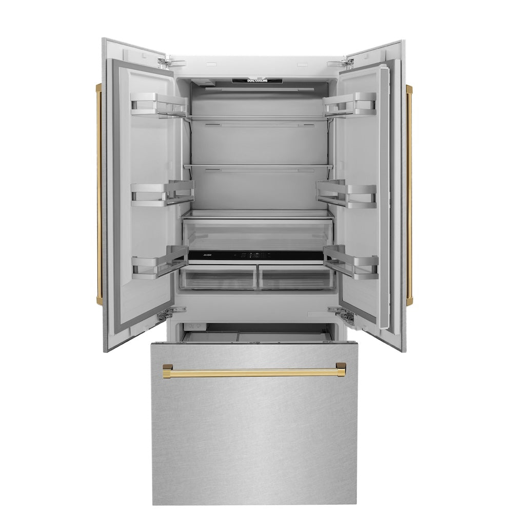 Autograph Edition 36 In. 19.6 Cu. Ft. French Door Built-in Bottom Freezer Refrigerator With Water Dispenser And Ice Maker In Satin Stainless Steel With Polished Gold Accents RBIVZSN36G
