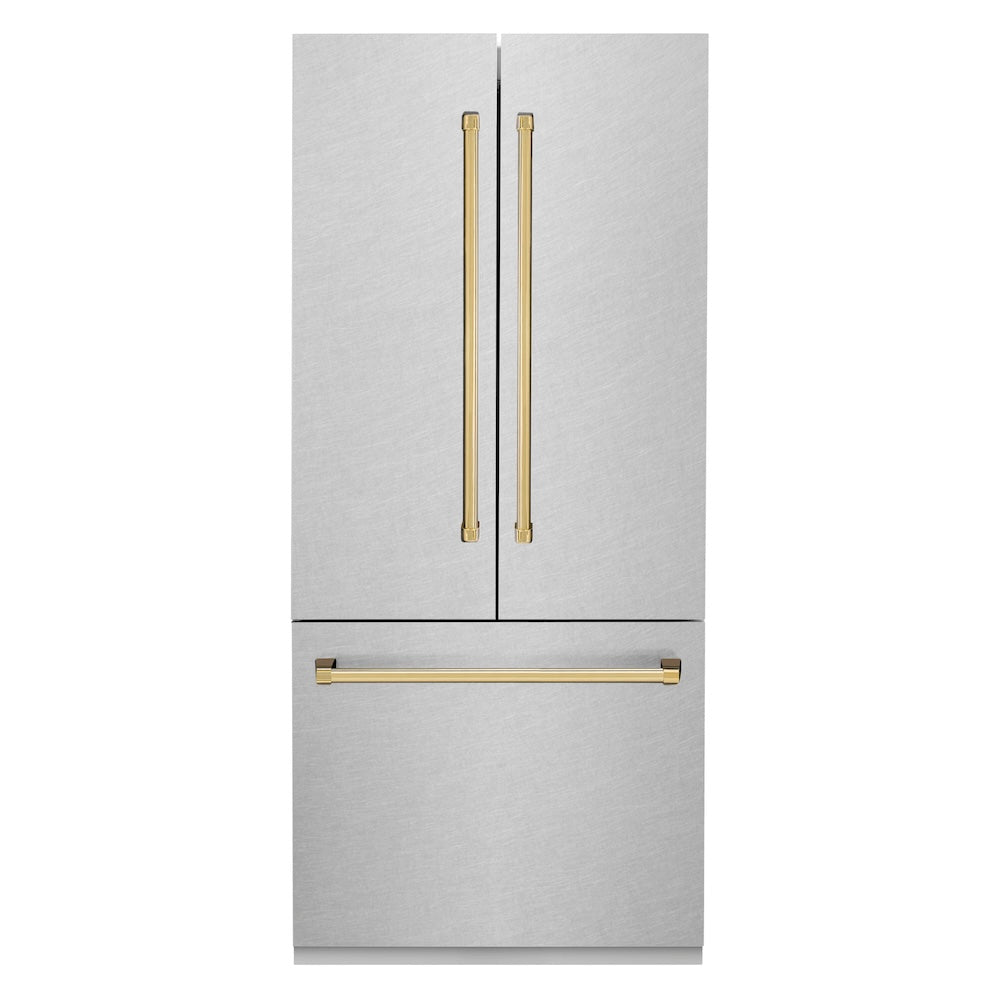 Autograph Edition 36 In. 19.6 Cu. Ft. French Door Built-in Bottom Freezer Refrigerator With Water Dispenser And Ice Maker In Satin Stainless Steel With Polished Gold Accents RBIVZSN36G