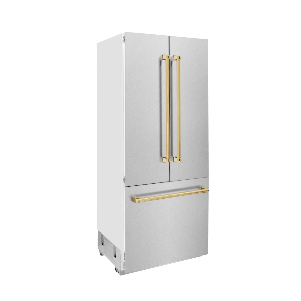 Autograph Edition 36 In. 19.6 Cu. Ft. French Door Built-in Bottom Freezer Refrigerator With Water Dispenser And Ice Maker In Satin Stainless Steel With Polished Gold Accents RBIVZSN36G