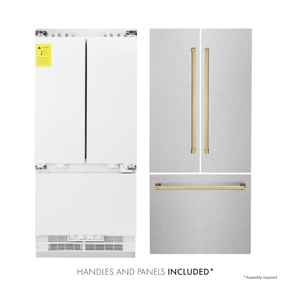 Autograph Edition 36 In. 19.6 Cu. Ft. French Door Built-in Bottom Freezer Refrigerator With Water Dispenser And Ice Maker In Satin Stainless Steel With Polished Gold Accents RBIVZSN36G