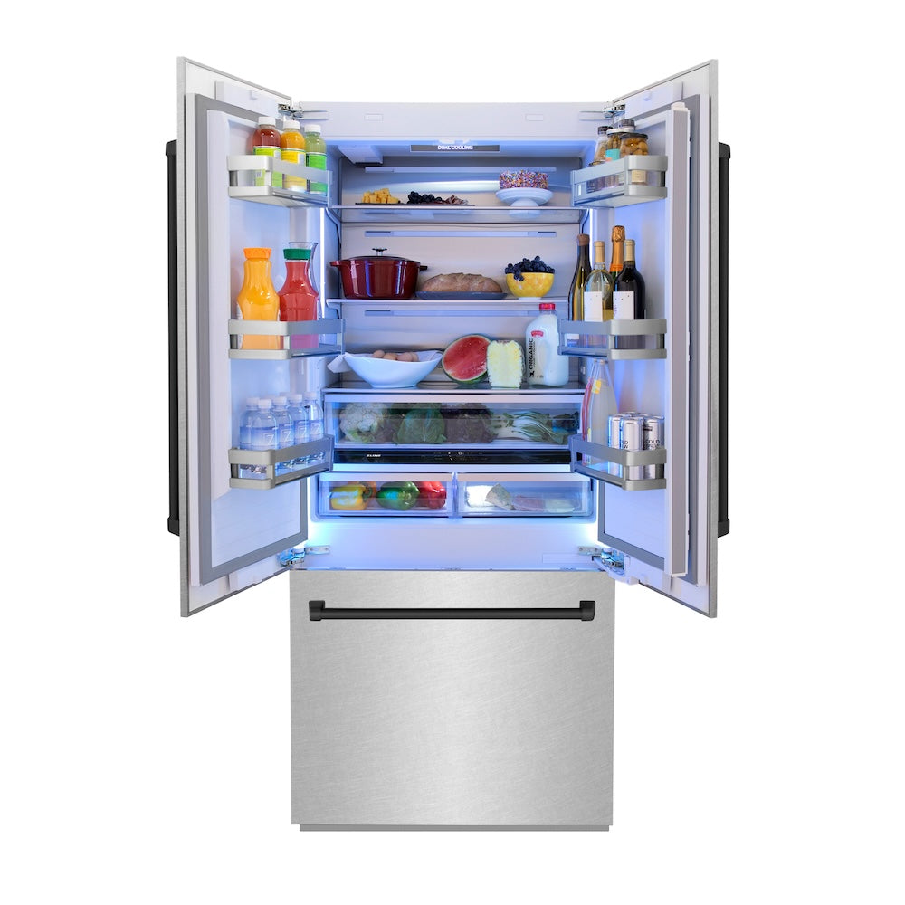 Autograph Edition 36 In. 19.6 Cu. Ft. French Door Built-in Bottom Freezer Refrigerator With Water Dispenser And Ice Maker In Satin Stainless Steel With Matte Black Accents RBIVZSN36MB