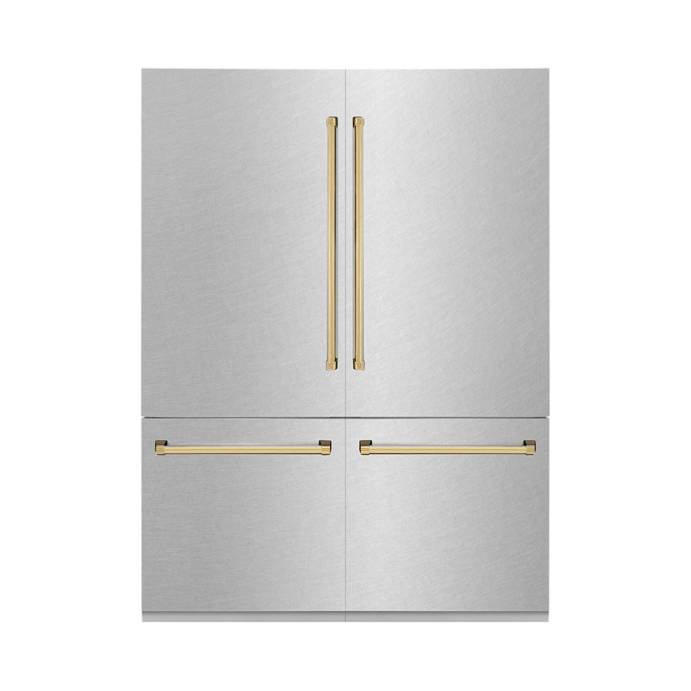 Autograph Edition 60 In. 32.2 Cu. Ft. French Door Built-in Bottom Freezer Refrigerator With Water Dispenser And Ice Maker In Satin Stainless Steel With Polished Gold Accents RBIVZSN60G
