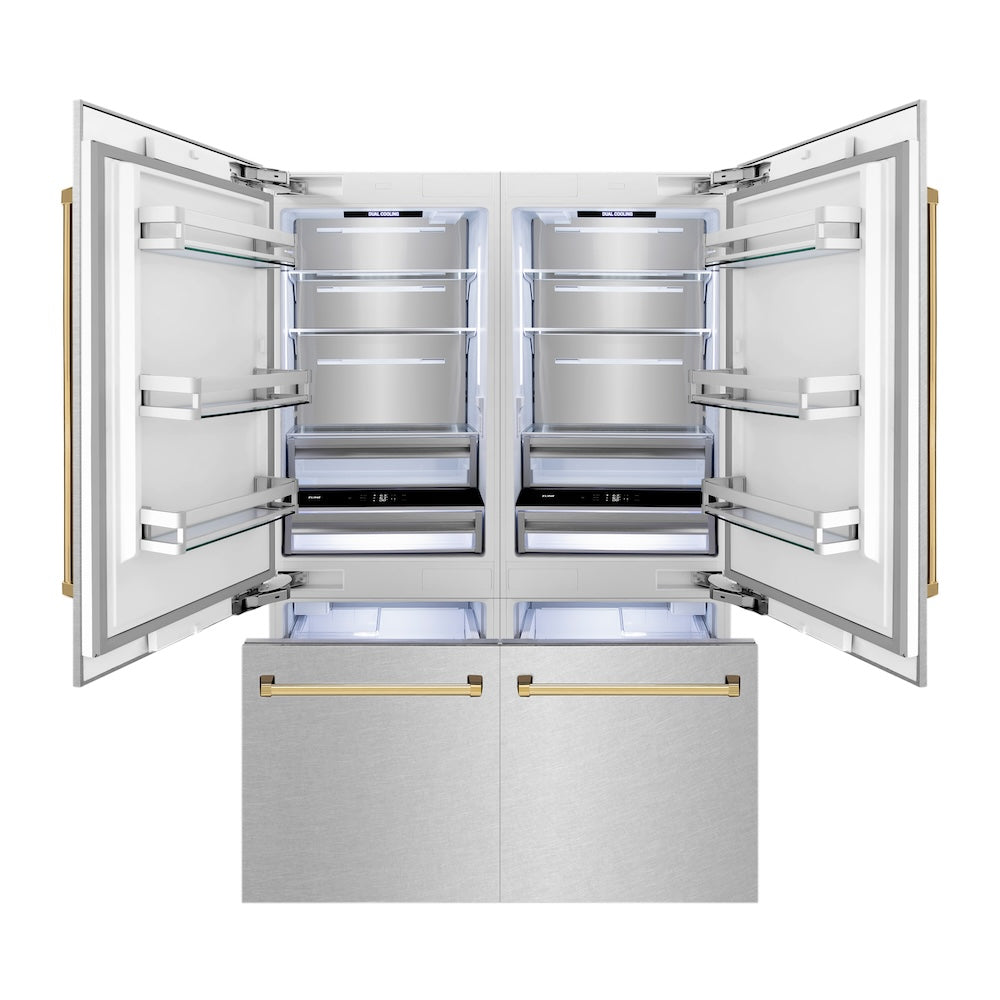 Autograph Edition 60 In. 32.2 Cu. Ft. French Door Built-in Bottom Freezer Refrigerator With Water Dispenser And Ice Maker In Satin Stainless Steel With Polished Gold Accents RBIVZSN60G