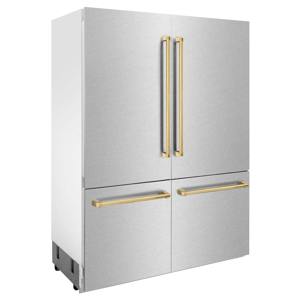 Autograph Edition 60 In. 32.2 Cu. Ft. French Door Built-in Bottom Freezer Refrigerator With Water Dispenser And Ice Maker In Satin Stainless Steel With Polished Gold Accents RBIVZSN60G