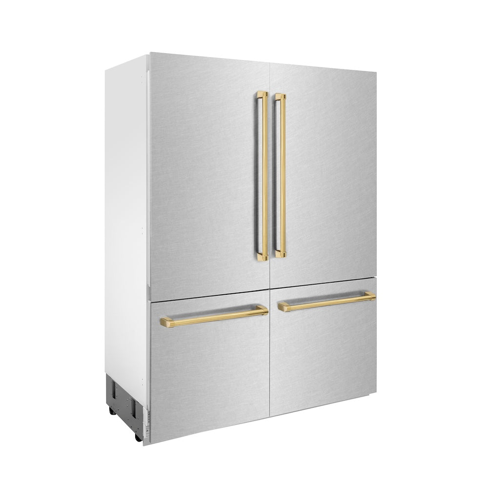 Autograph Edition 60 In. 32.2 Cu. Ft. French Door Built-in Bottom Freezer Refrigerator With Water Dispenser And Ice Maker In Satin Stainless Steel With Polished Gold Accents RBIVZSN60G