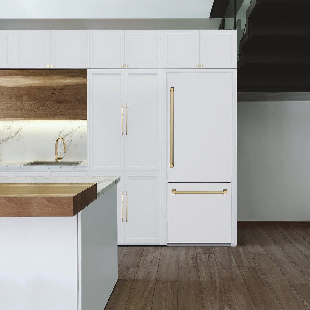 Autograph Edition 30 In. 16.1 Cu. Ft. Built-in Bottom Freezer Refrigerator With Water Dispenser And Ice Maker In White Matte With Champagne Bronze Accents RBIVZWM30CB