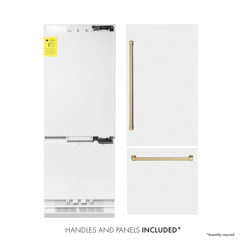 Autograph Edition 30 In. 16.1 Cu. Ft. Built-in Bottom Freezer Refrigerator With Water Dispenser And Ice Maker In White Matte With Champagne Bronze Accents RBIVZWM30CB