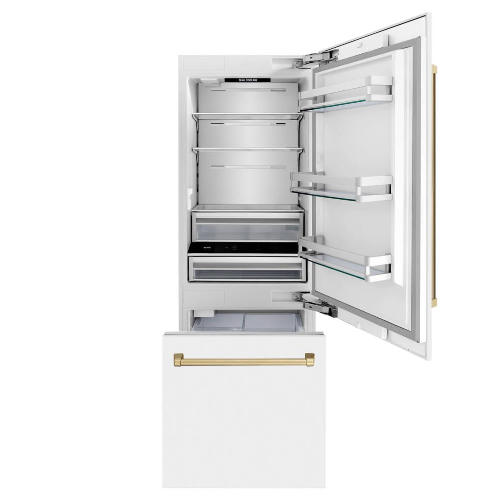 Autograph Edition 30 In. 16.1 Cu. Ft. Built-in Bottom Freezer Refrigerator With Water Dispenser And Ice Maker In White Matte With Champagne Bronze Accents RBIVZWM30CB