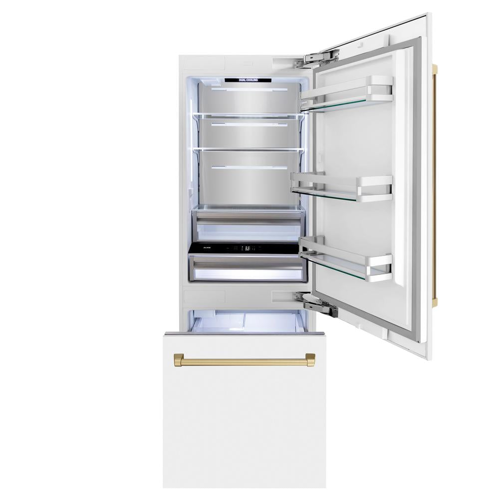 Autograph Edition 30 In. 16.1 Cu. Ft. Built-in Bottom Freezer Refrigerator With Water Dispenser And Ice Maker In White Matte With Champagne Bronze Accents RBIVZWM30CB