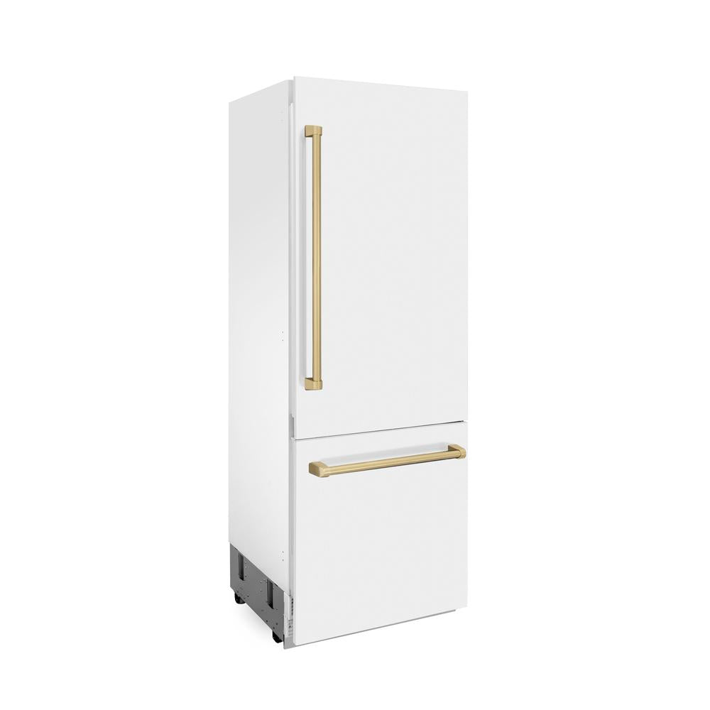Autograph Edition 30 In. 16.1 Cu. Ft. Built-in Bottom Freezer Refrigerator With Water Dispenser And Ice Maker In White Matte With Champagne Bronze Accents RBIVZWM30CB