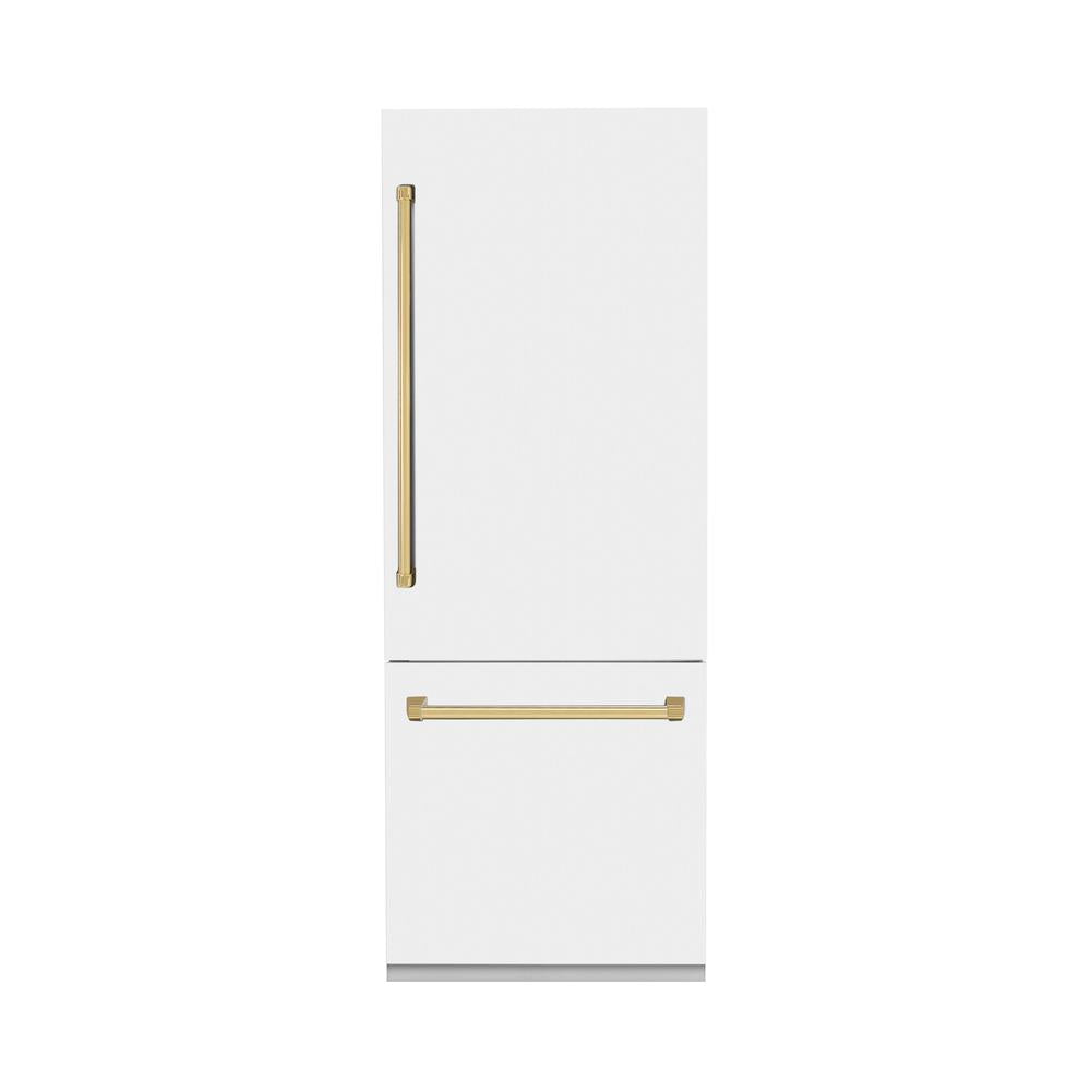 Autograph Edition 30 In. 16.1 Cu. Ft. Built-in Bottom Freezer Refrigerator With Water Dispenser And Ice Maker In White Matte With Polished Gold Accents RBIVZWM30G