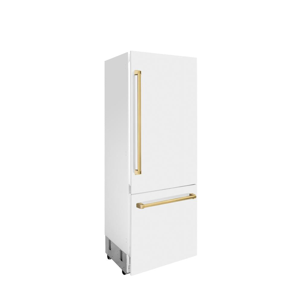 Autograph Edition 30 In. 16.1 Cu. Ft. Built-in Bottom Freezer Refrigerator With Water Dispenser And Ice Maker In White Matte With Polished Gold Accents RBIVZWM30G