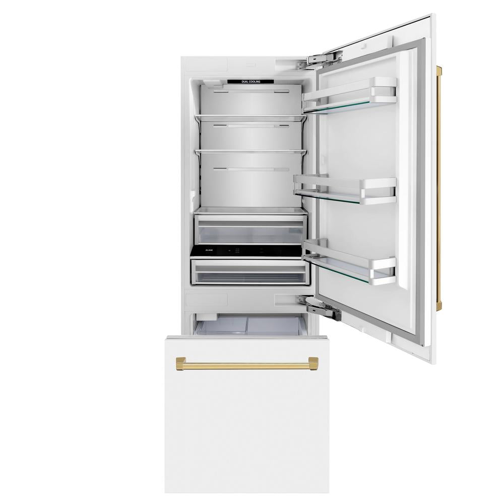 Autograph Edition 30 In. 16.1 Cu. Ft. Built-in Bottom Freezer Refrigerator With Water Dispenser And Ice Maker In White Matte With Polished Gold Accents RBIVZWM30G