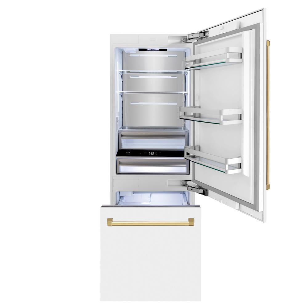 Autograph Edition 30 In. 16.1 Cu. Ft. Built-in Bottom Freezer Refrigerator With Water Dispenser And Ice Maker In White Matte With Polished Gold Accents RBIVZWM30G