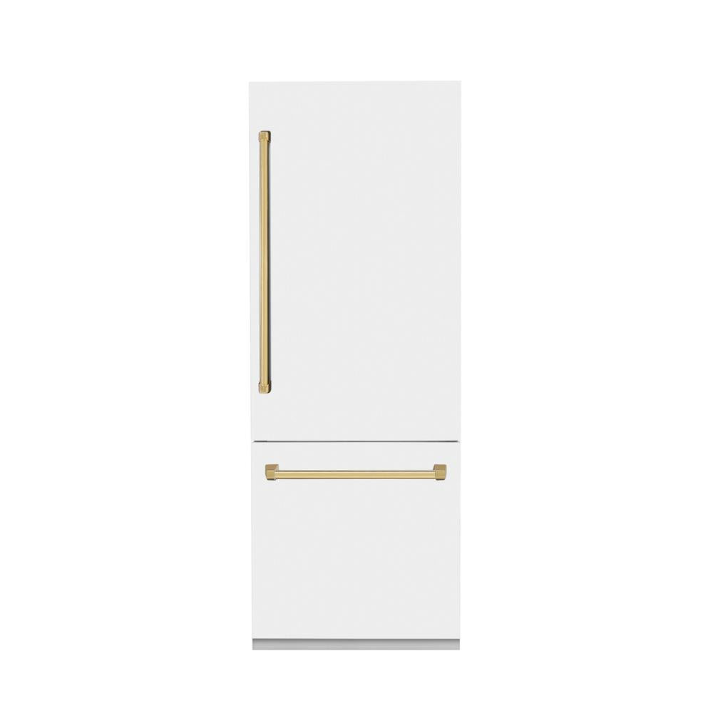 Autograph Edition 30 In. 16.1 Cu. Ft. Built-in Bottom Freezer Refrigerator With Water Dispenser And Ice Maker In White Matte With Polished Gold Accents RBIVZWM30G