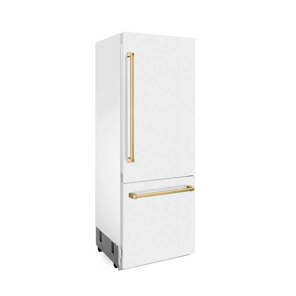 Autograph Edition 30 In. 16.1 Cu. Ft. Built-in Bottom Freezer Refrigerator With Water Dispenser And Ice Maker In White Matte With Polished Gold Accents RBIVZWM30G