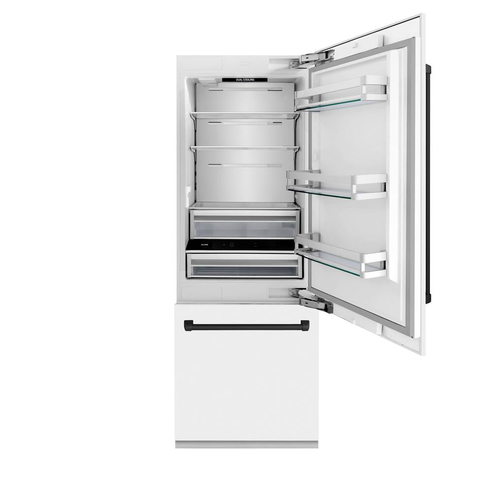 Autograph Edition 30 In. 16.1 Cu. Ft. Built-in Bottom Freezer Refrigerator With Water Dispenser And Ice Maker In White Matte With Matte Black Accents RBIVZWM30MB
