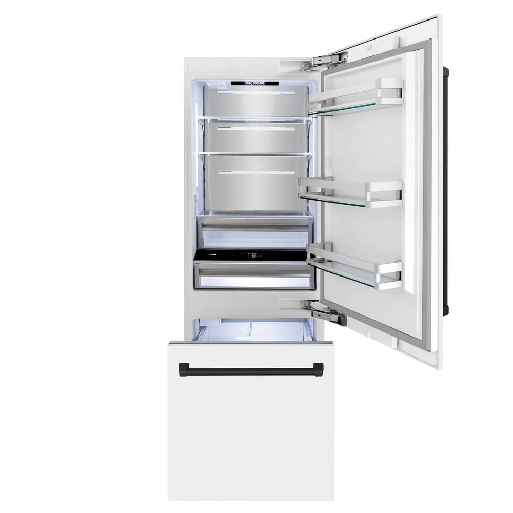 Autograph Edition 30 In. 16.1 Cu. Ft. Built-in Bottom Freezer Refrigerator With Water Dispenser And Ice Maker In White Matte With Matte Black Accents RBIVZWM30MB