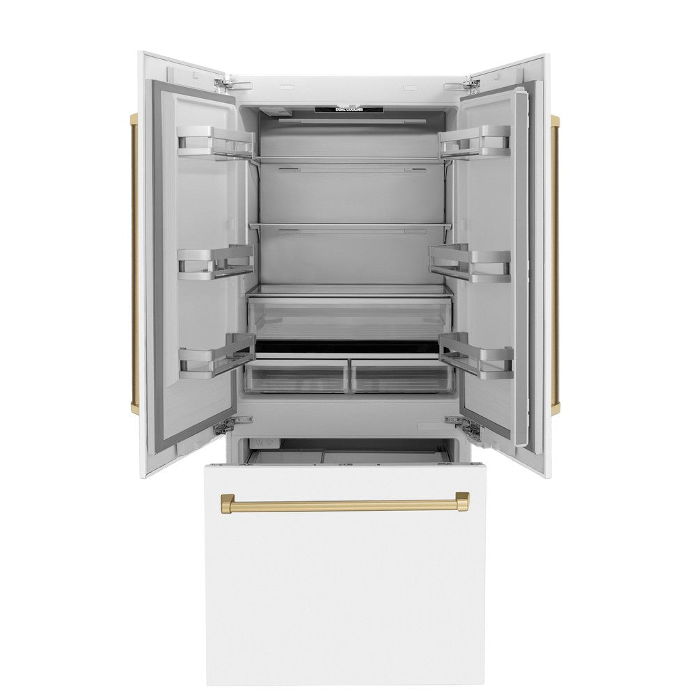 Autograph Edition 36 In. 19.6 Cu. Ft. French Door Built-in Bottom Freezer Refrigerator With Water Dispenser And Ice Maker In White Matte With Champagne Bronze Accents RBIVZWM36CB