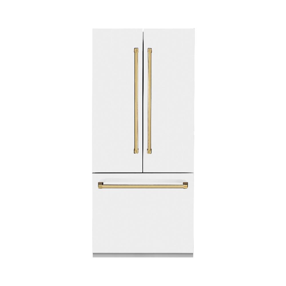 36”Autograph Edition 19.6 cu. ft. Built-in 3-Door French Door Refrigerator with Internal Water and Ice Dispenser in White Matte with Polished Gold Accents RBIVZWM36G