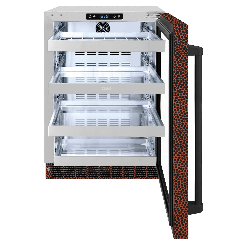 24 In. Touchstone 151 Can Beverage Fridge With Hand Hammered Copper Glass Door RBSOHH24