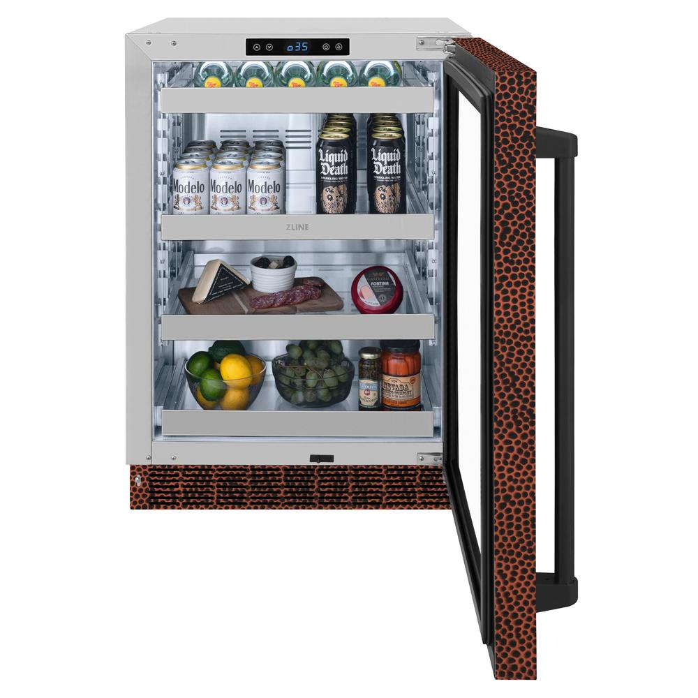 24 In. Touchstone 151 Can Beverage Fridge With Hand Hammered Copper Glass Door RBSOHH24