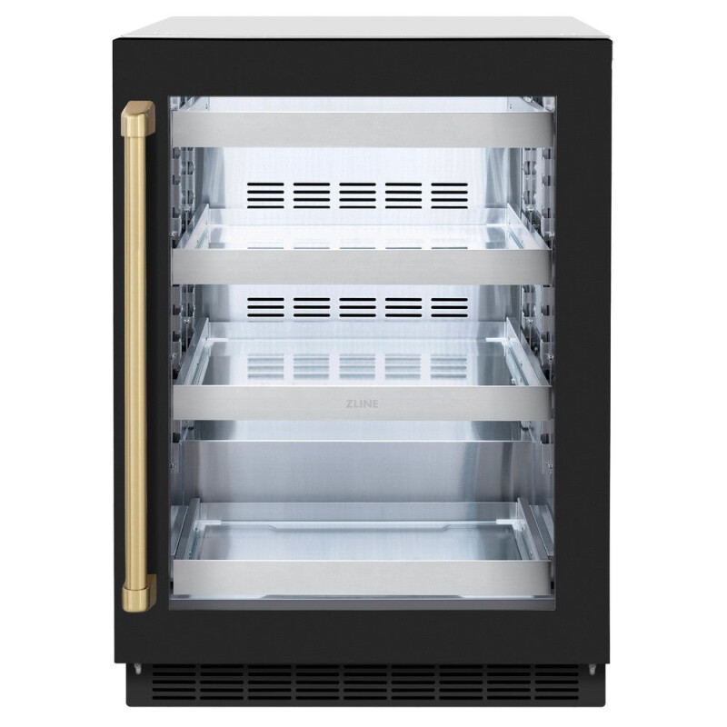 ZLINE Autograph Edition 24 in. Touchstone 151 Can Beverage Fridge With Black Matte Glass Door And Champagne Bronze Handle (RBSOZ-BLM-24-CB) RBSOZBLM24CB
