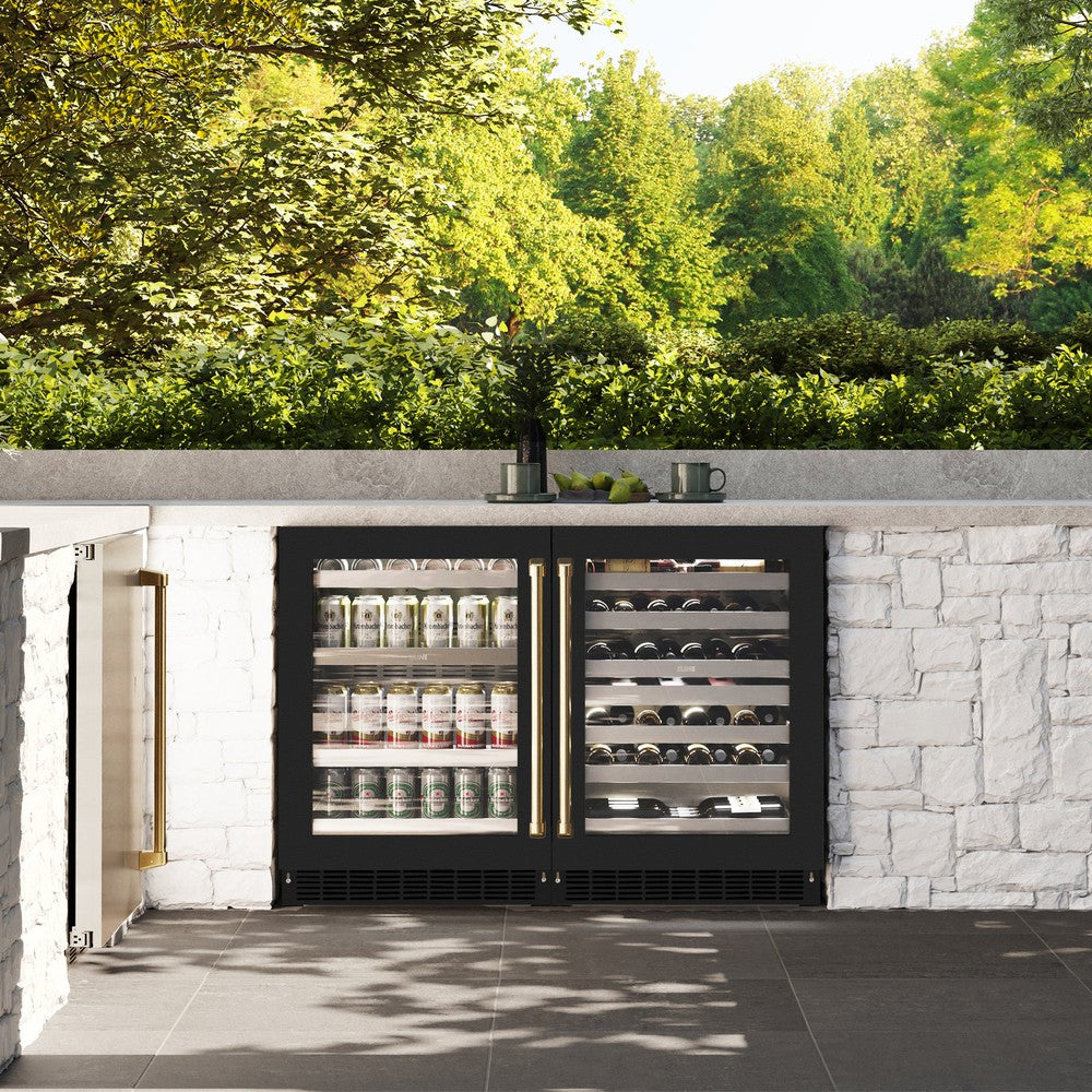 Autograph Edition 24 In. Touchstone 151 Can Beverage Fridge With Black Matte Glass Door And Polished Gold Handle RBSOZBLM24G