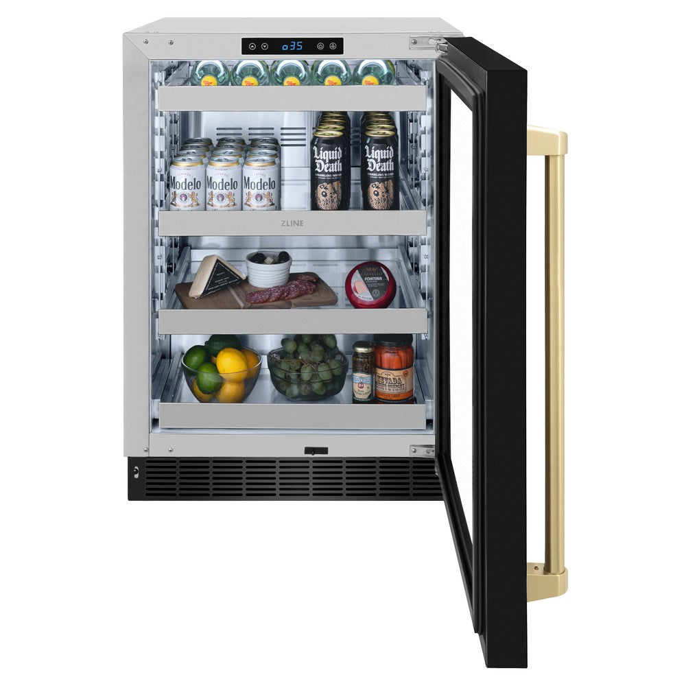 Autograph Edition 24 In. Touchstone 151 Can Beverage Fridge With Black Stainless Steel Glass Door And Champagne Bronze Handle RBSOZBS24CB