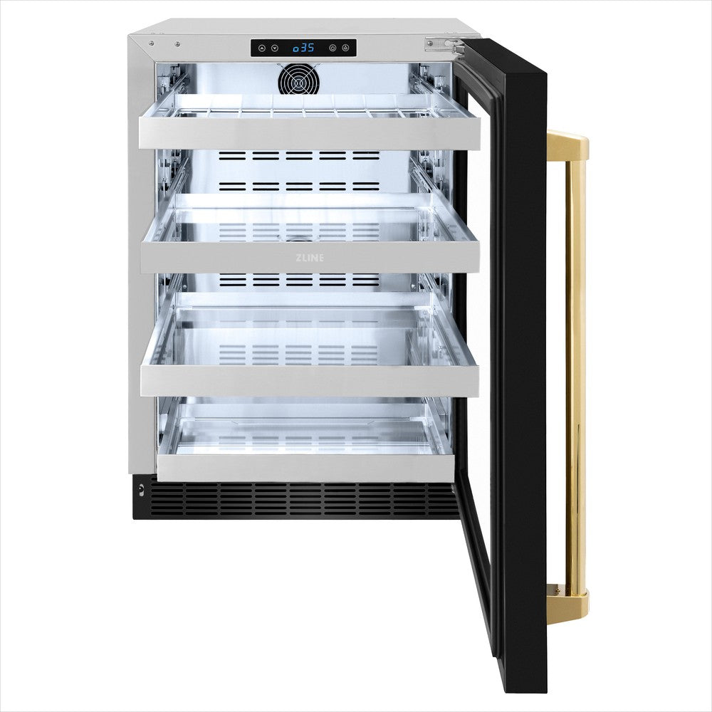 Autograph Edition 24 In. Touchstone 151 Can Beverage Fridge With Black Stainless Steel Glass Door And Polished Gold Handle RBSOZBS24G