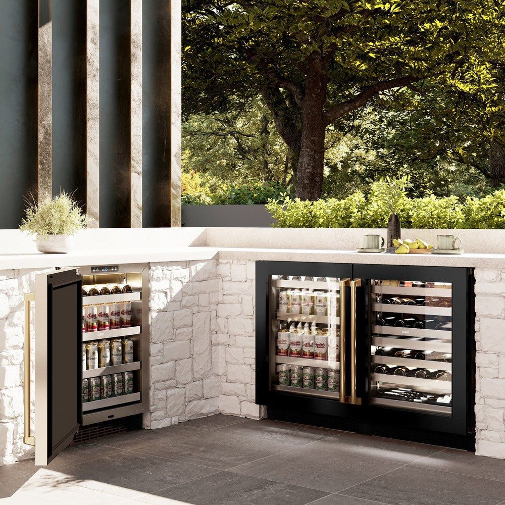 Autograph Edition 24 In. Touchstone 151 Can Beverage Fridge With Black Stainless Steel Glass Door And Polished Gold Handle RBSOZBS24G