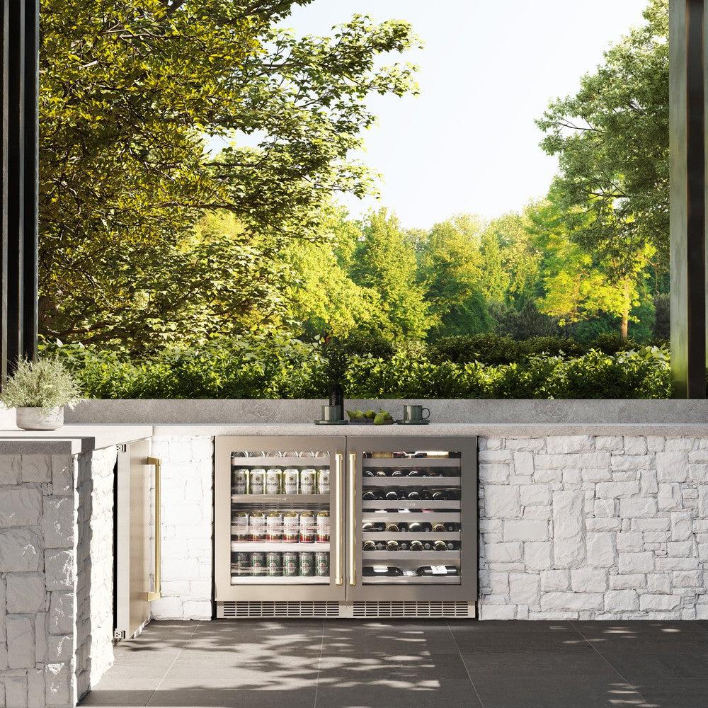 Autograph Edition 24 In. Touchstone 151 Can Beverage Fridge With Stainless Steel Glass Door And Champagne Bronze Handle RBSOZGS24CB