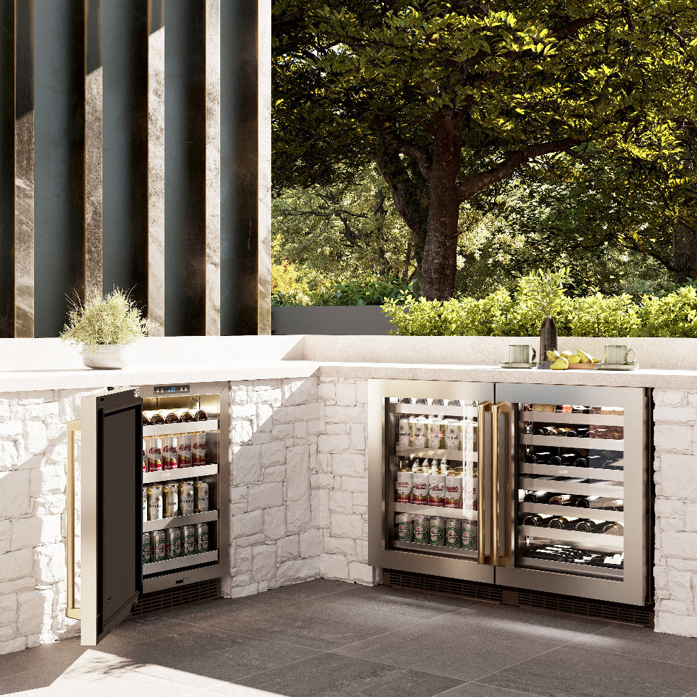 Autograph Edition 24 In. Touchstone 151 Can Beverage Fridge With Stainless Steel Glass Door And Polished Gold Handle RBSOZGS24G