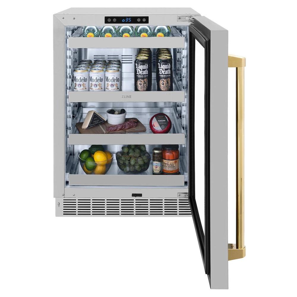Autograph Edition 24 In. Touchstone 151 Can Beverage Fridge With Stainless Steel Glass Door And Polished Gold Handle RBSOZGS24G
