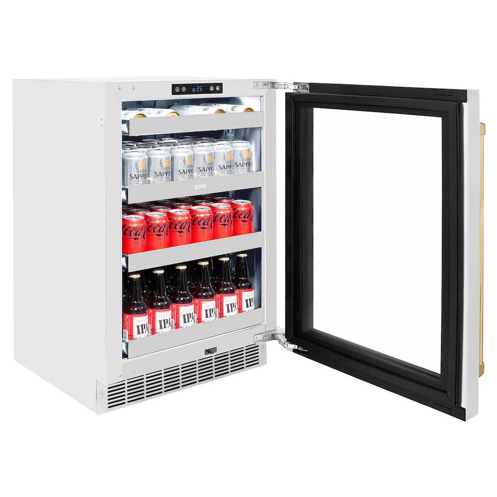 Autograph Edition 24 In. Touchstone 151 Can Beverage Fridge With Stainless Steel Glass Door And Polished Gold Handle RBSOZGS24G