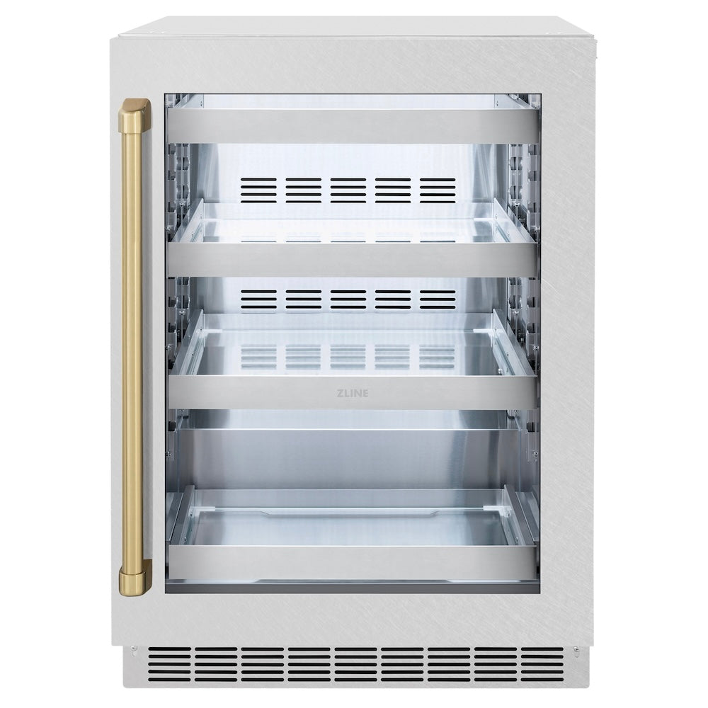 Autograph Edition 24 In. Touchstone 151 Can Beverage Fridge With Satin Stainless Steel Glass Door And Champagne Bronze Handle RBSOZSN24CB