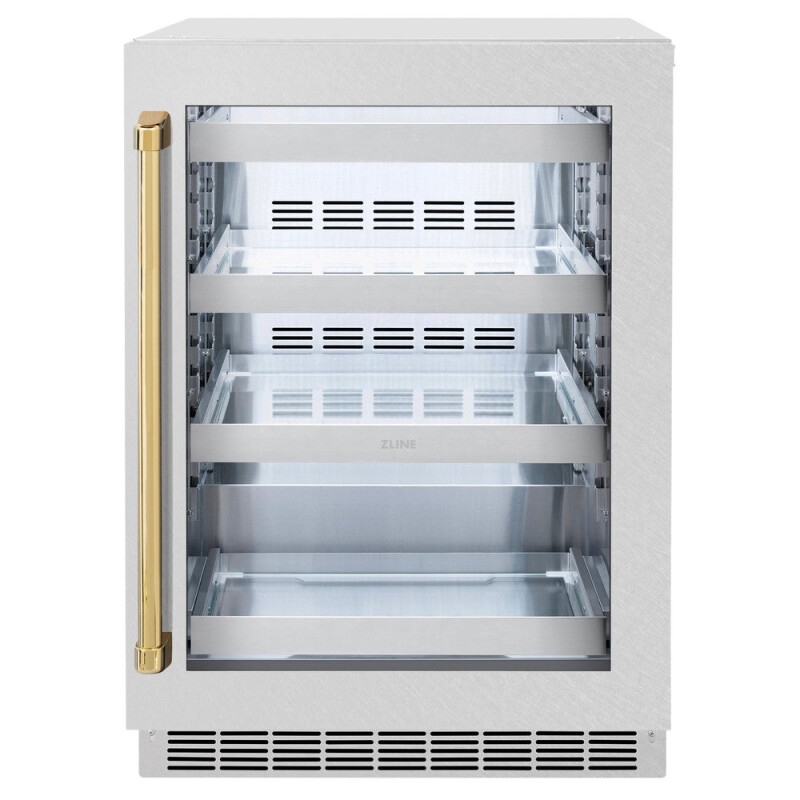 ZLINE Autograph Edition 24 in. Touchstone 151 Can Beverage Fridge With DuraSnow® Stainless Steel Glass Door And Polished Gold Handle (RBSOZ-SN-24-G) RBSOZSN24G