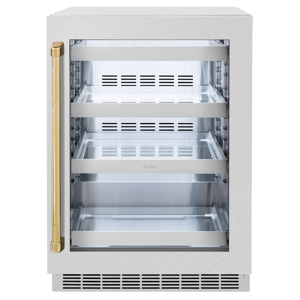 Autograph Edition 24 In. Touchstone 151 Can Beverage Fridge With Satin Stainless Steel Glass Door And Polished Gold Handle RBSOZSN24G
