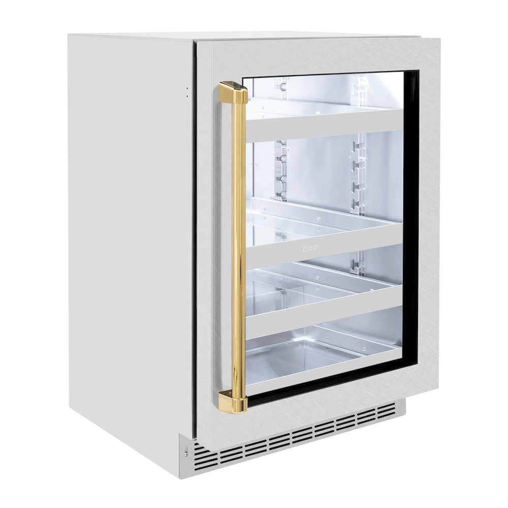 Autograph Edition 24 In. Touchstone 151 Can Beverage Fridge With Satin Stainless Steel Glass Door And Polished Gold Handle RBSOZSN24G